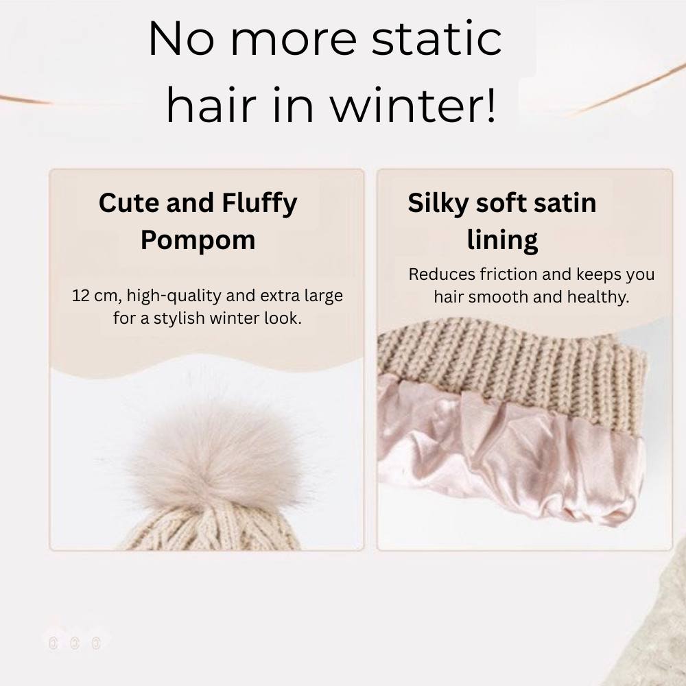 Antistatic Pompom Beanie with Silk Lining for Frizz-Free Hair