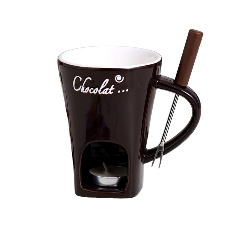 Ceramic Fondue Cup with Stainless Steel Fork and Wax Candle