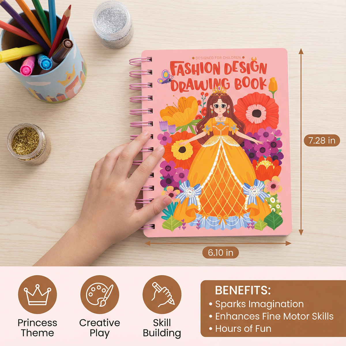 Princess Fashion Design Coloring Book with Craft Materials and Spiral Binding