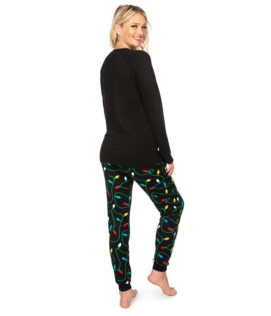 Get Lit Womens Pajama Set in Black with Bold Slogan Top and Twinkling Lights Pants
