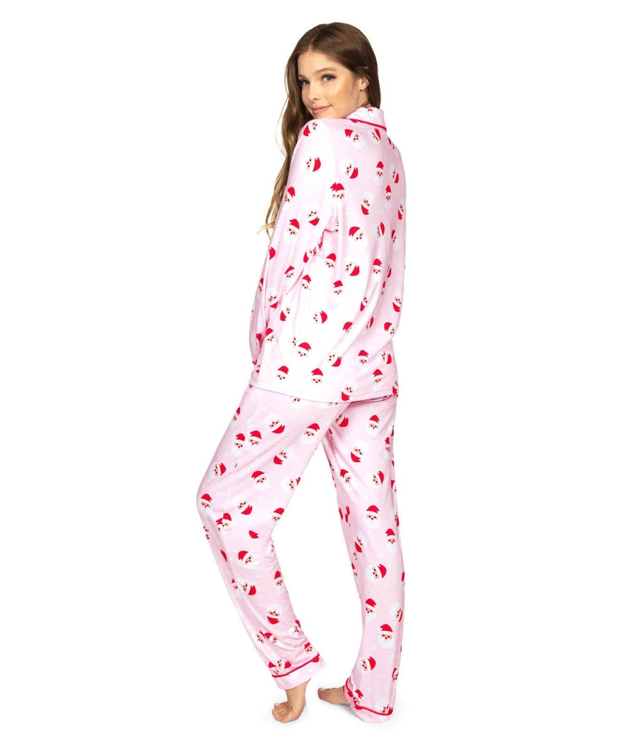 Womens Pink Holiday Loungewear Set with Santa Motif and Lapel Style Top