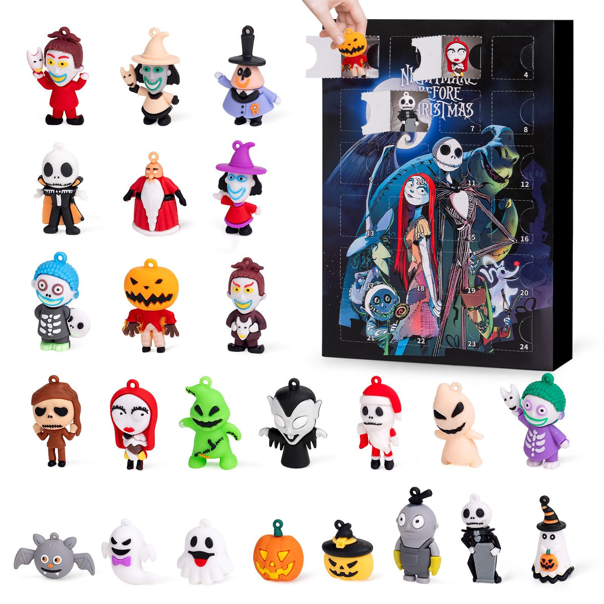 Countdown Gift Box with 24 Small Plastic Holiday Figures in a Red, Black or Blue Box
