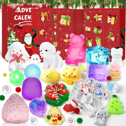 Santa Box Christmas Countdown with 24 Different Soft Squishy Toys That Opens to a Wide Display