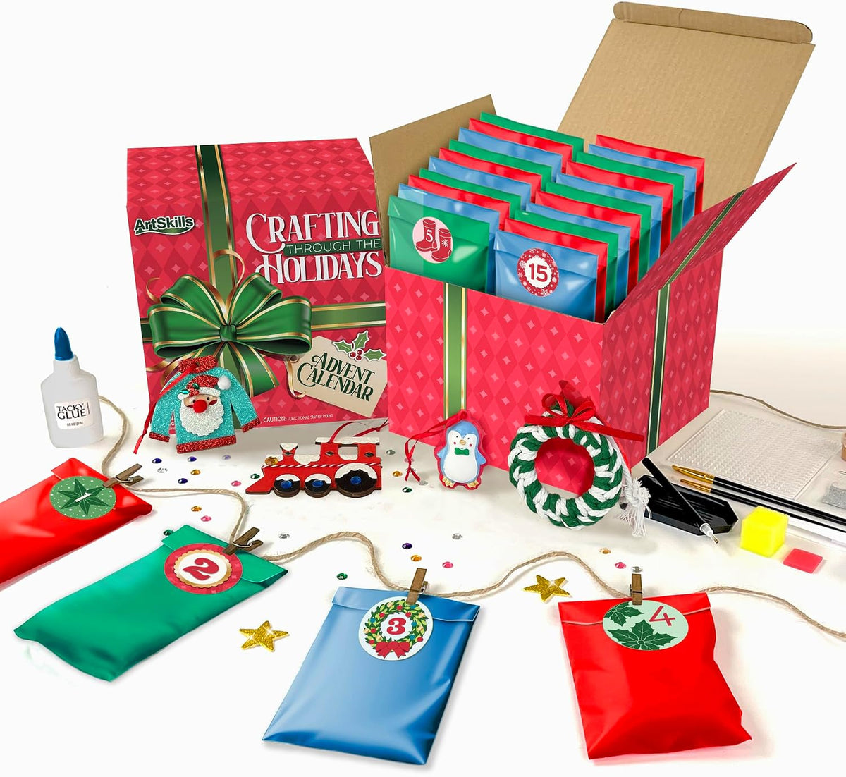 Christmas Countdown Craft Set of 25 Bags with Diamond Art, Paint by Number and Ornament Projects for All Ages