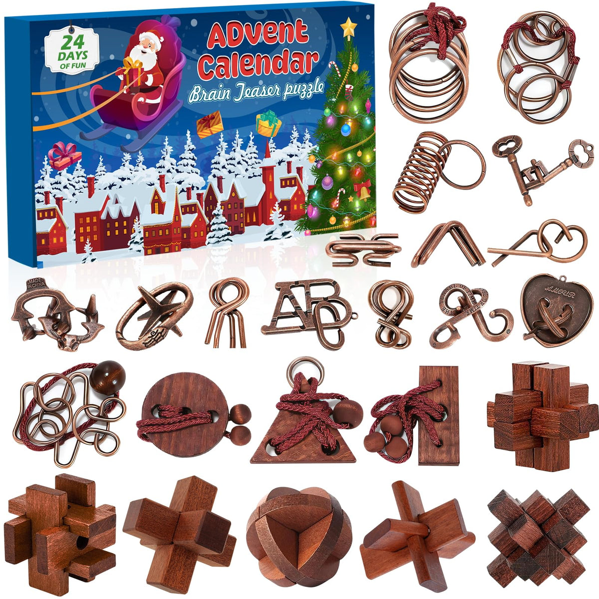 Countdown Gift Box with 24 Metal Ring and Wooden Puzzles That Teens and Adults Can Solve Day by Day