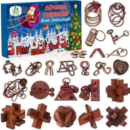 Countdown Gift Box with 24 Metal Ring and Wooden Puzzles That Teens and Adults Can Solve Day by Day