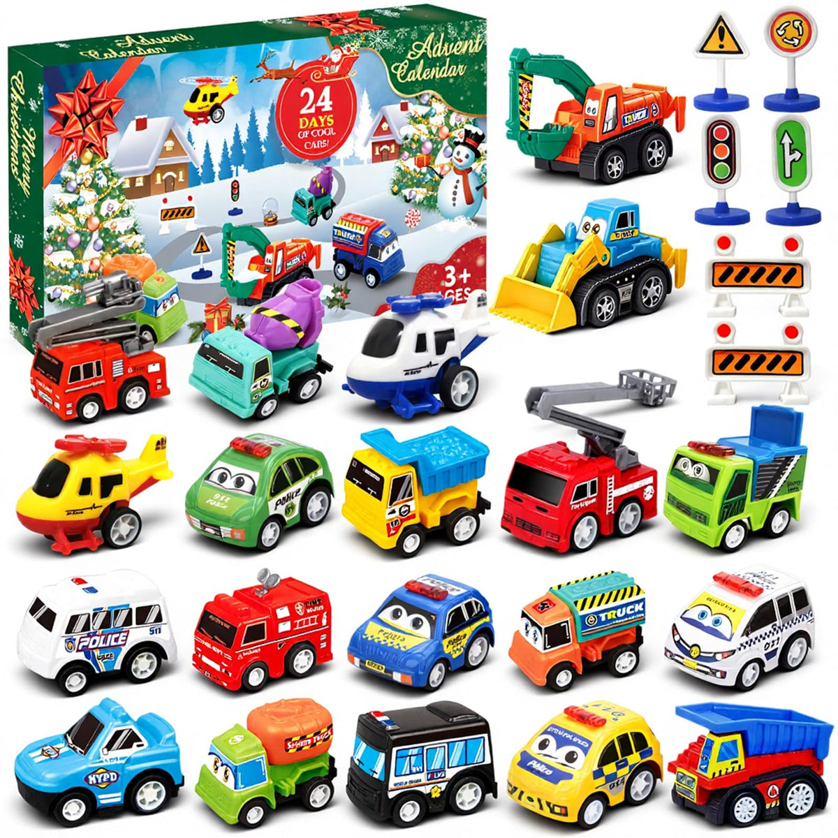 Window Countdown Box Packed with 21 Pull Back Cars, Trucks and Planes and 3 Sets of Road Signs