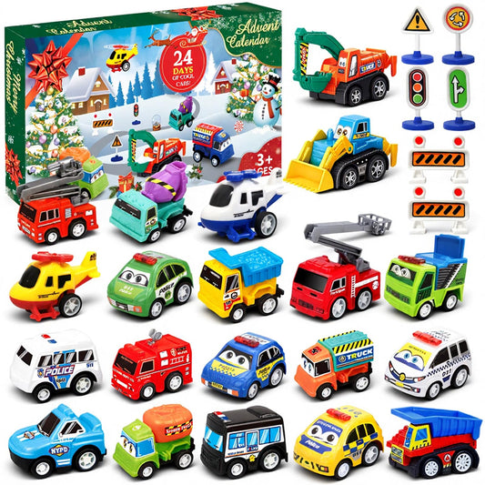 Window Countdown Box Packed with 21 Pull Back Cars, Trucks and Planes and 3 Sets of Road Signs