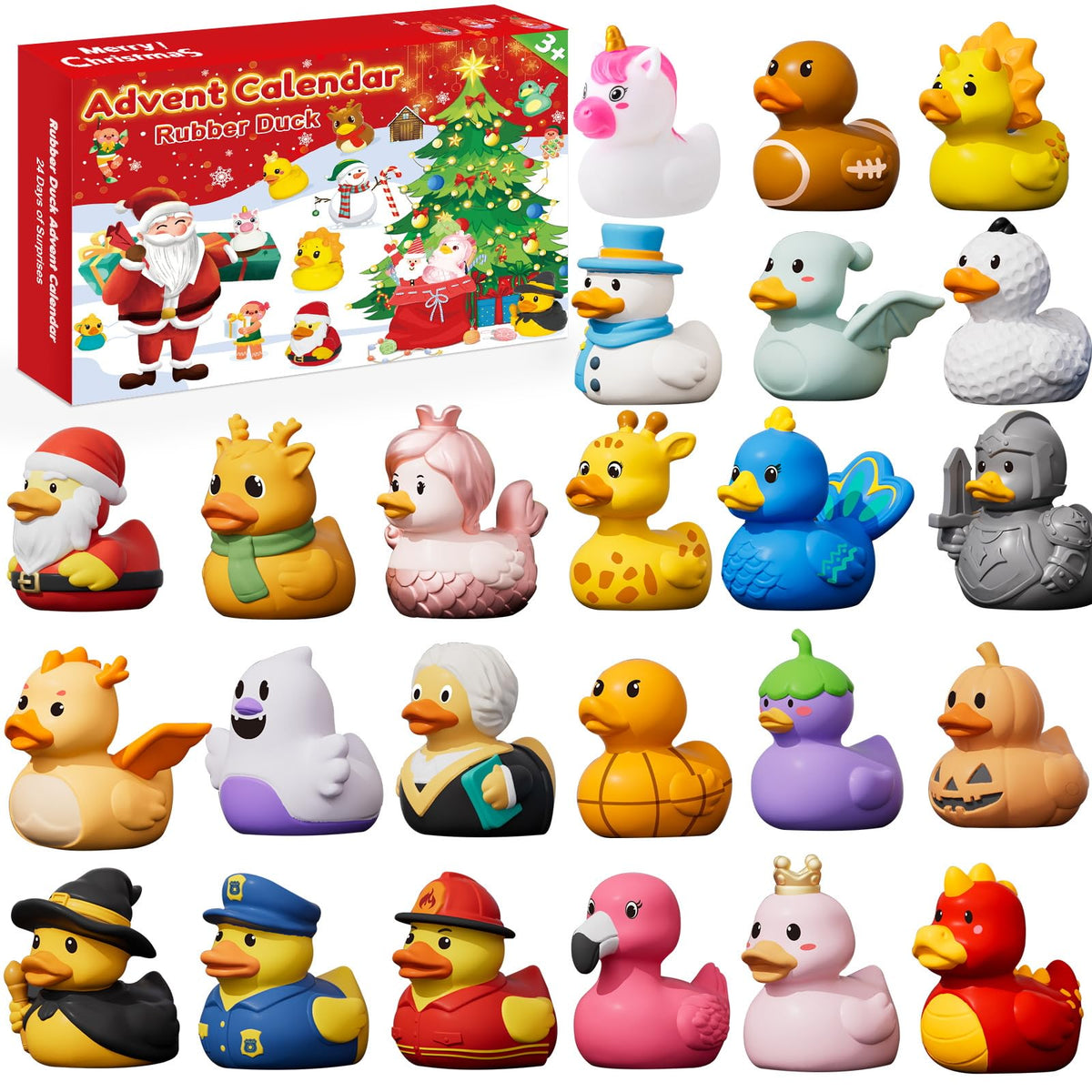 Bath Time Countdown Box with 24 Rubber Ducks in Holiday Costumes Including Santa, Snowman, Unicorn and Elf