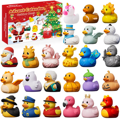 Bath Time Countdown Box with 24 Rubber Ducks in Holiday Costumes Including Santa, Snowman, Unicorn and Elf