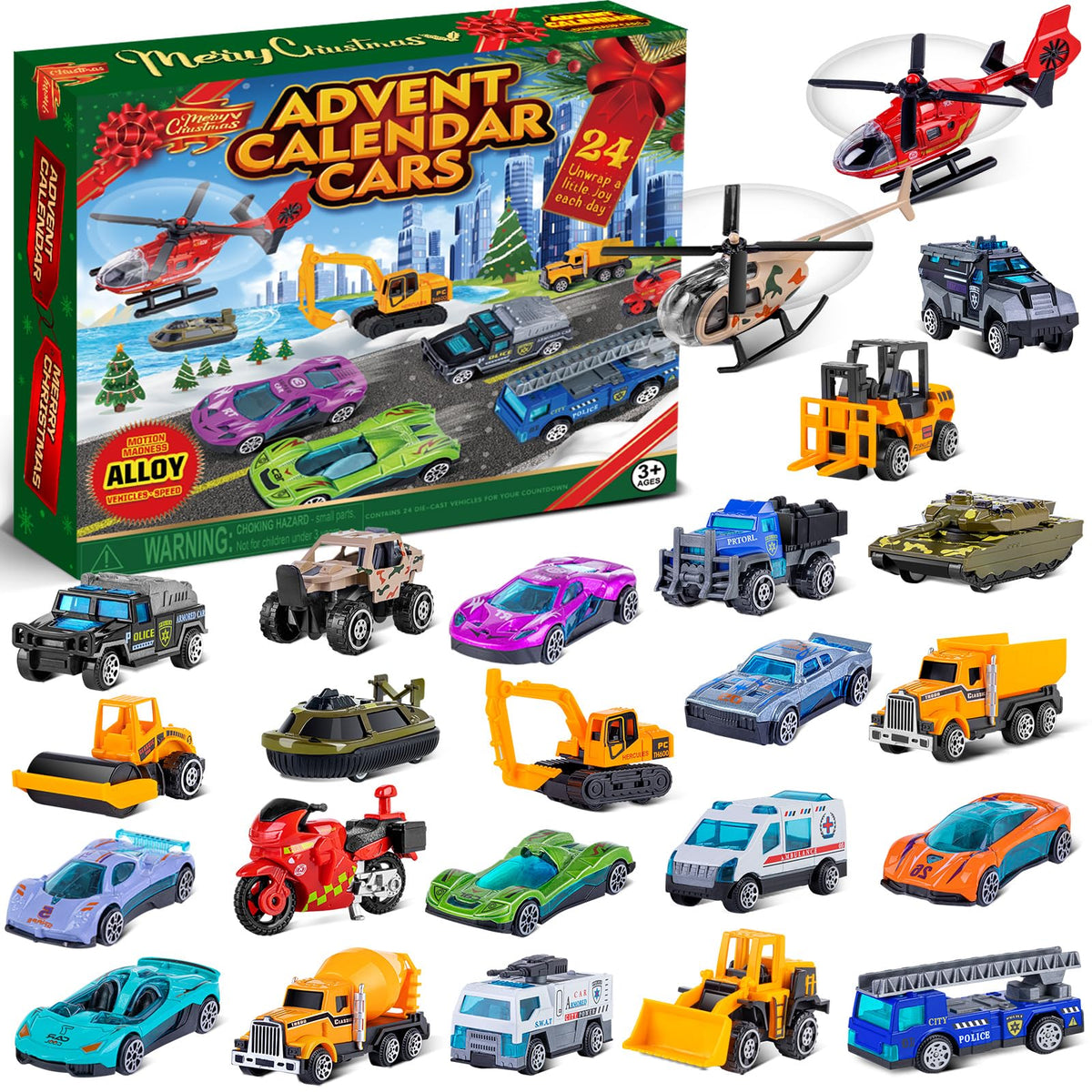 Countdown Gift Box with 24 Alloy Toy Vehicles and a Fold Out Map for Children Aged 3 and Over