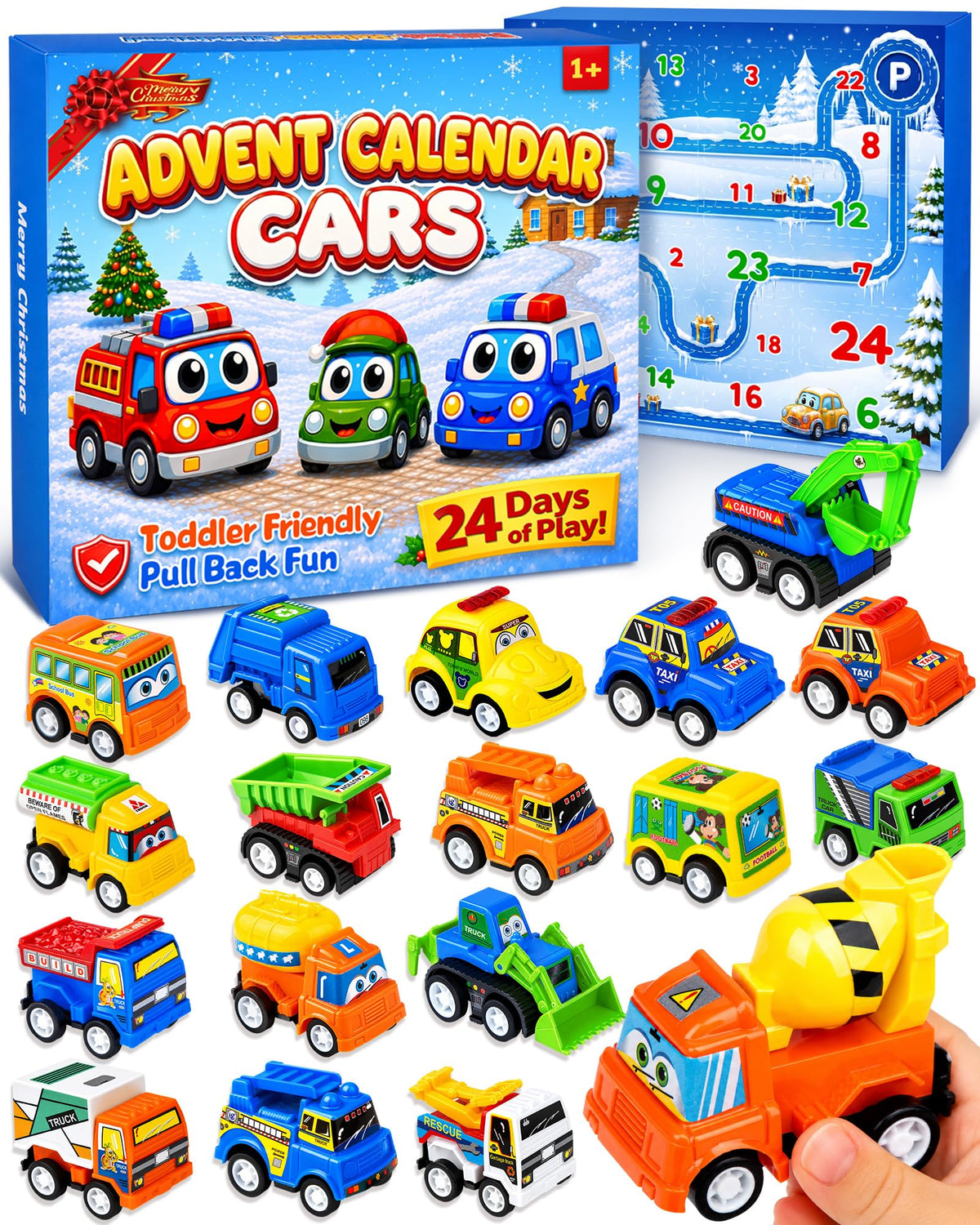 Countdown Gift Box with 24 Colorful Pull Back Cars and a Fold Out Play Map for Ages 3 and Over
