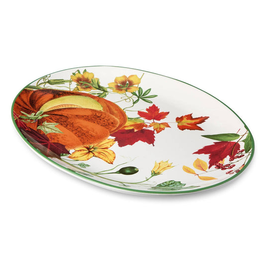 Thanksgiving Oval Platter with Pumpkin Floral Print and Glossy Glaze for Serving