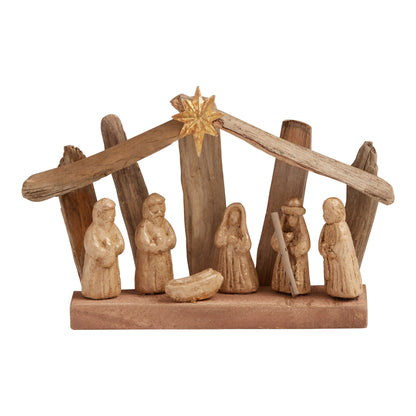 Weathered Driftwood Nativity Scene with a Metal Star and Gold Washed Paper Pulp Figures for Tables and Mantels