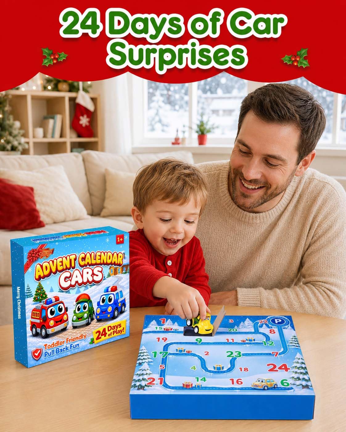 Countdown Gift Box with 24 Colorful Pull Back Cars and a Fold Out Play Map for Ages 3 and Over
