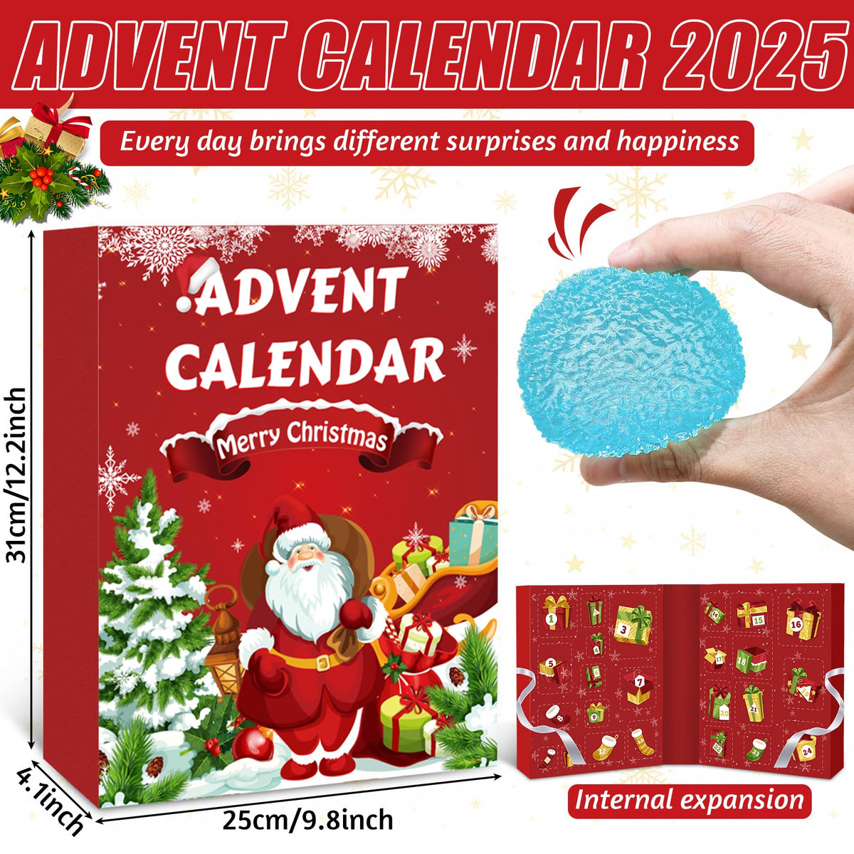 Santa Box Christmas Countdown with 24 Different Soft Squishy Toys That Opens to a Wide Display