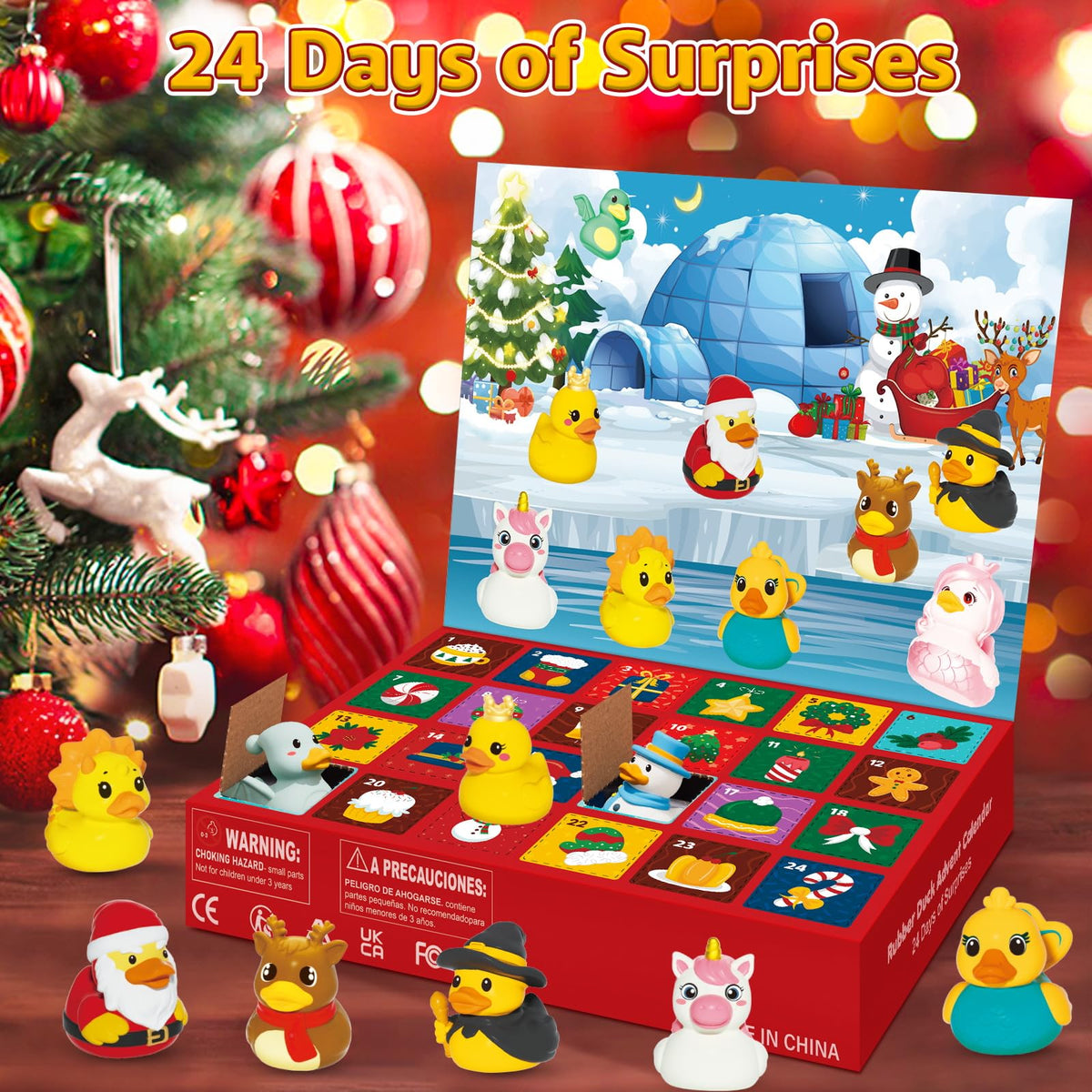 Bath Time Countdown Box with 24 Rubber Ducks in Holiday Costumes Including Santa, Snowman, Unicorn and Elf