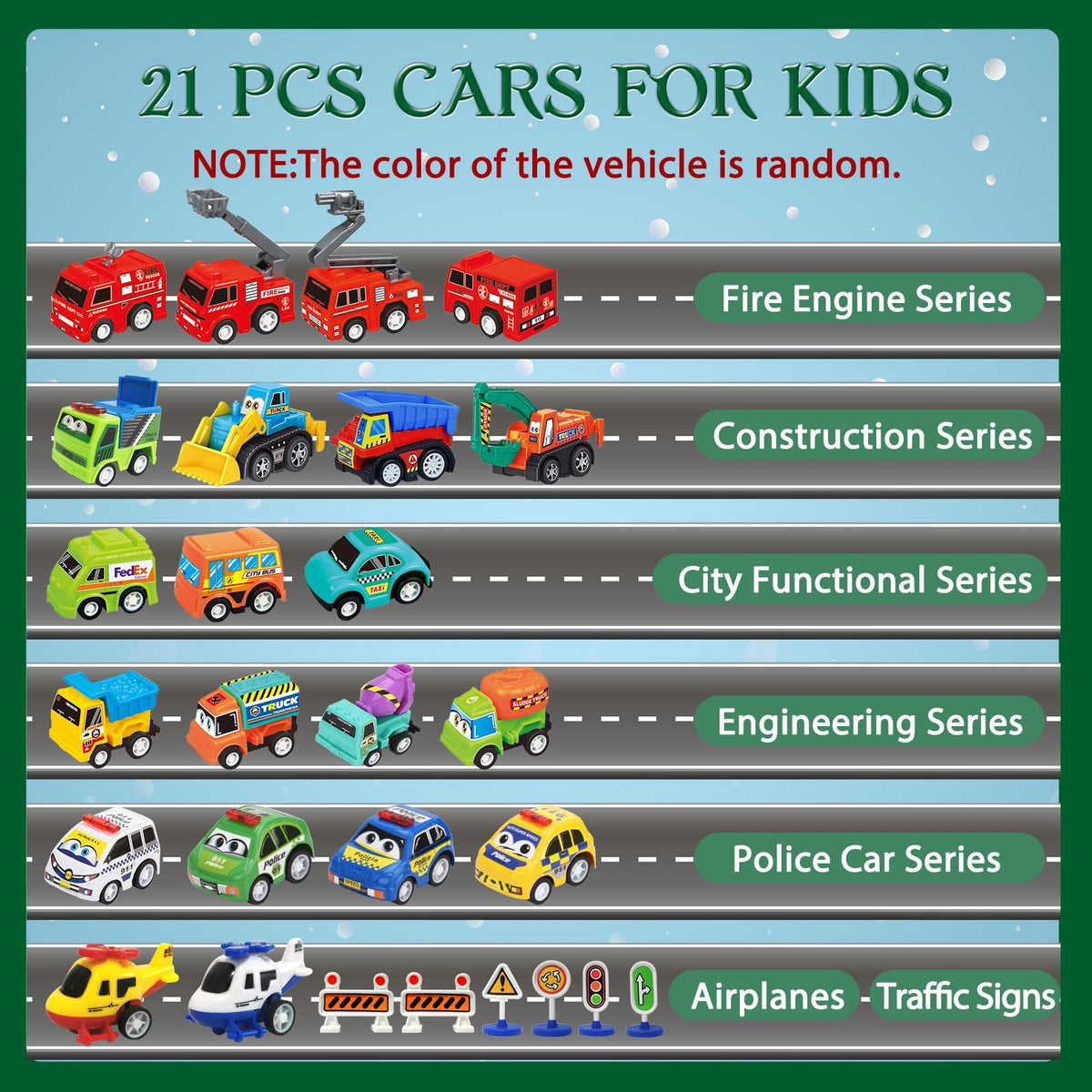 Window Countdown Box Packed with 21 Pull Back Cars, Trucks and Planes and 3 Sets of Road Signs