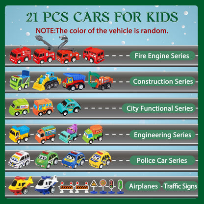 Window Countdown Box Packed with 21 Pull Back Cars, Trucks and Planes and 3 Sets of Road Signs