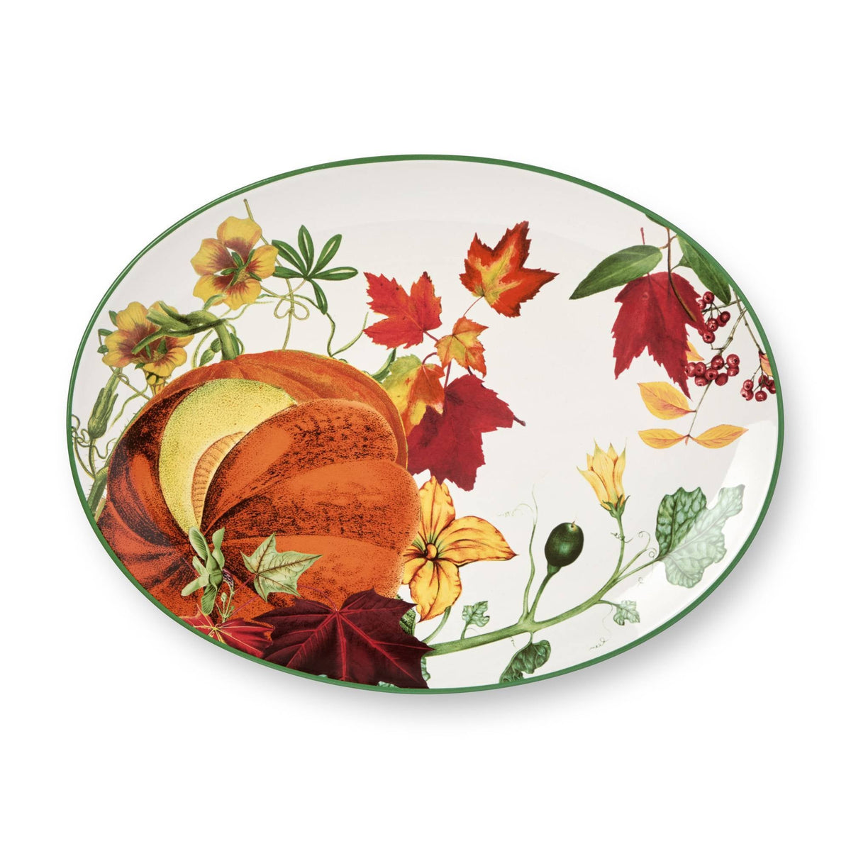 Thanksgiving Oval Platter with Pumpkin Floral Print and Glossy Glaze for Serving