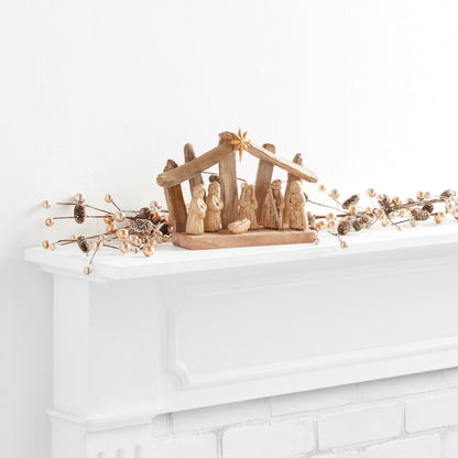 Weathered Driftwood Nativity Scene with a Metal Star and Gold Washed Paper Pulp Figures for Tables and Mantels