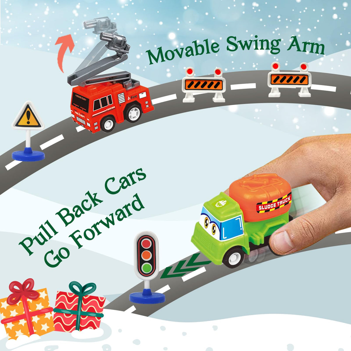 Window Countdown Box Packed with 21 Pull Back Cars, Trucks and Planes and 3 Sets of Road Signs