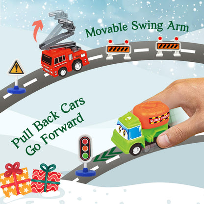 Window Countdown Box Packed with 21 Pull Back Cars, Trucks and Planes and 3 Sets of Road Signs