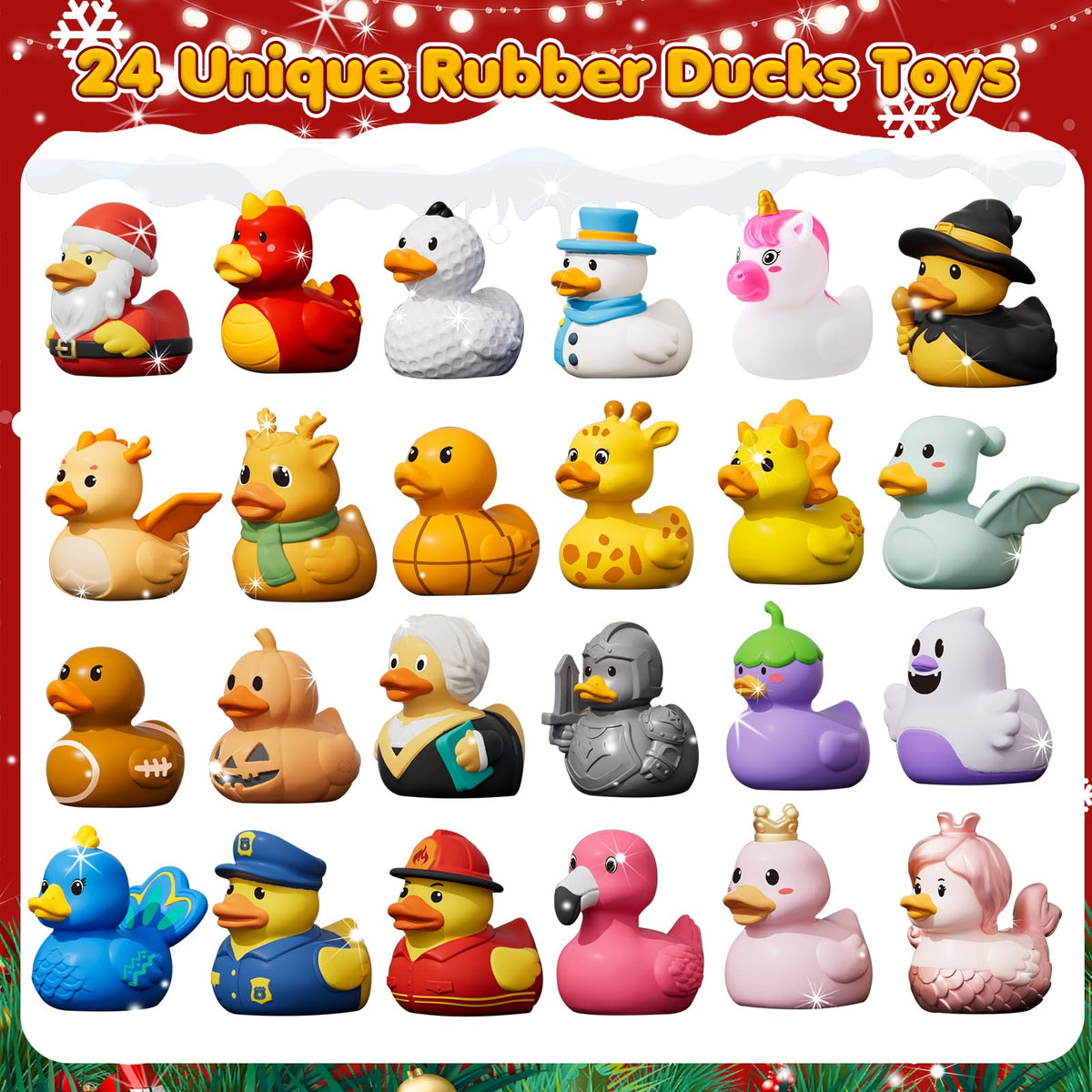 Bath Time Countdown Box with 24 Rubber Ducks in Holiday Costumes Including Santa, Snowman, Unicorn and Elf