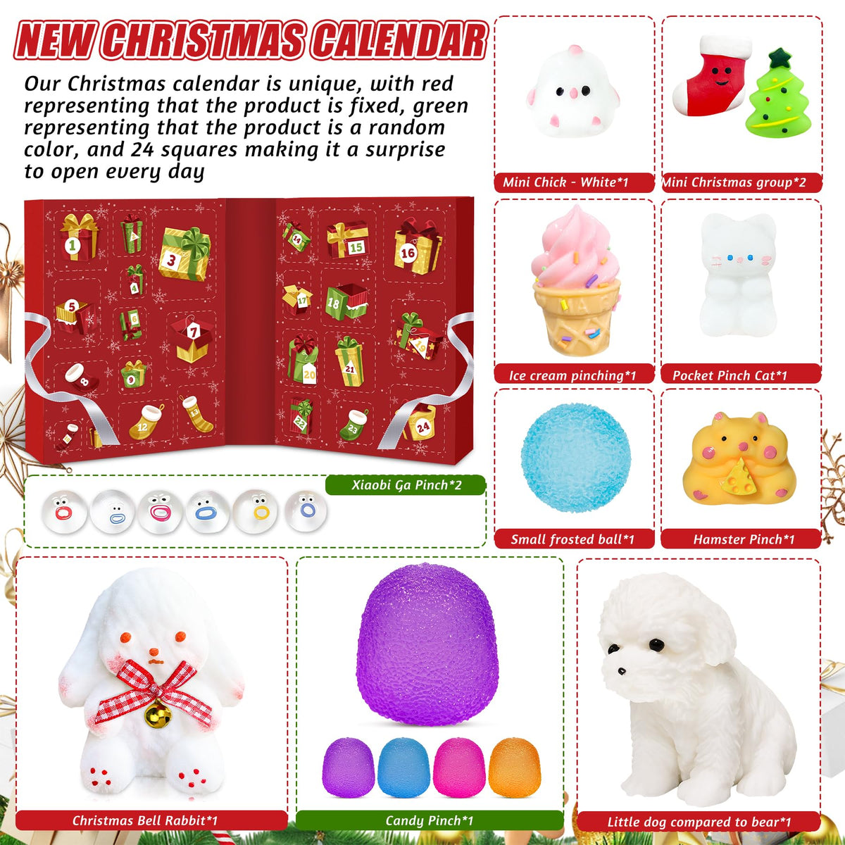 Santa Box Christmas Countdown with 24 Different Soft Squishy Toys That Opens to a Wide Display