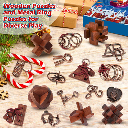 Countdown Gift Box with 24 Metal Ring and Wooden Puzzles That Teens and Adults Can Solve Day by Day