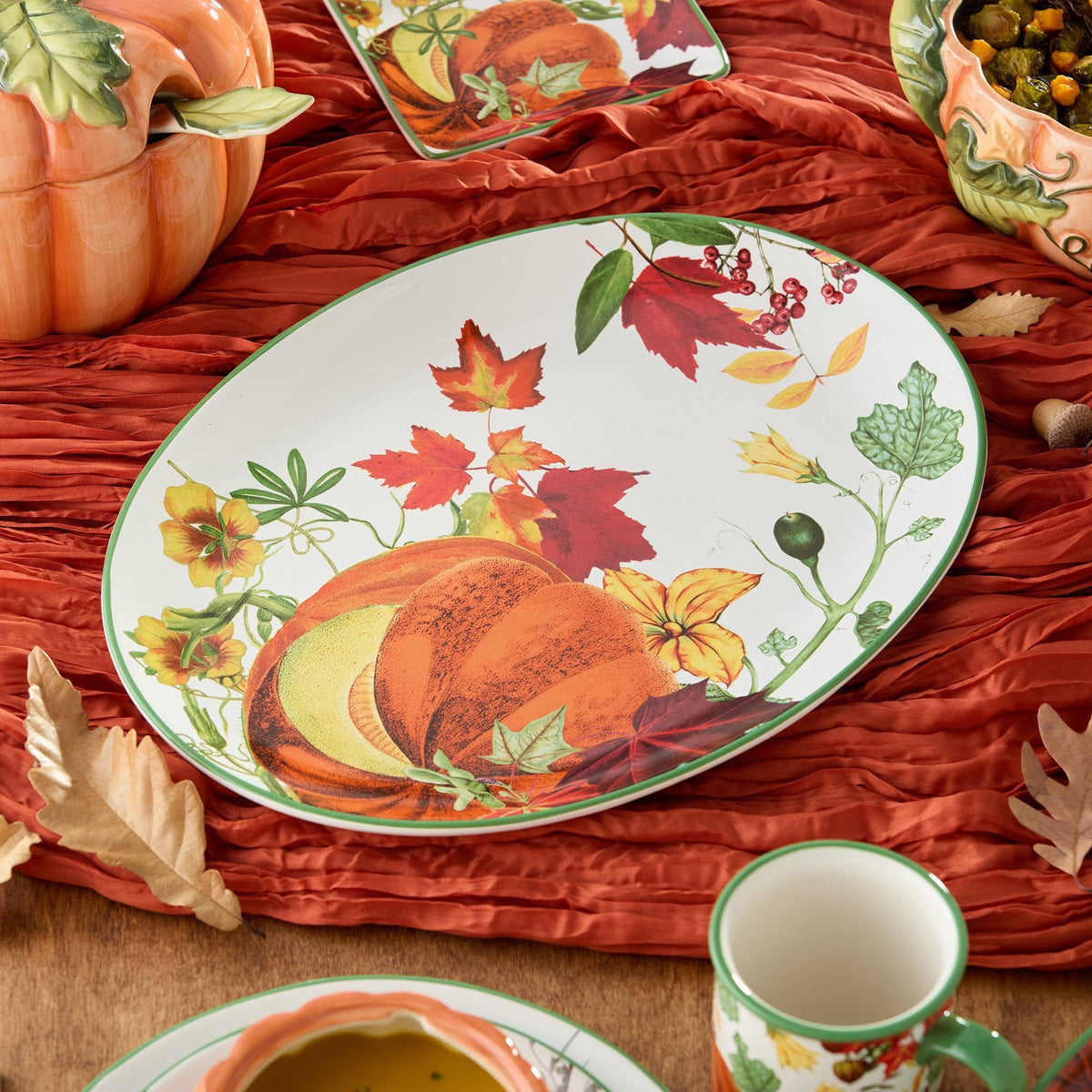 Thanksgiving Oval Platter with Pumpkin Floral Print and Glossy Glaze for Serving