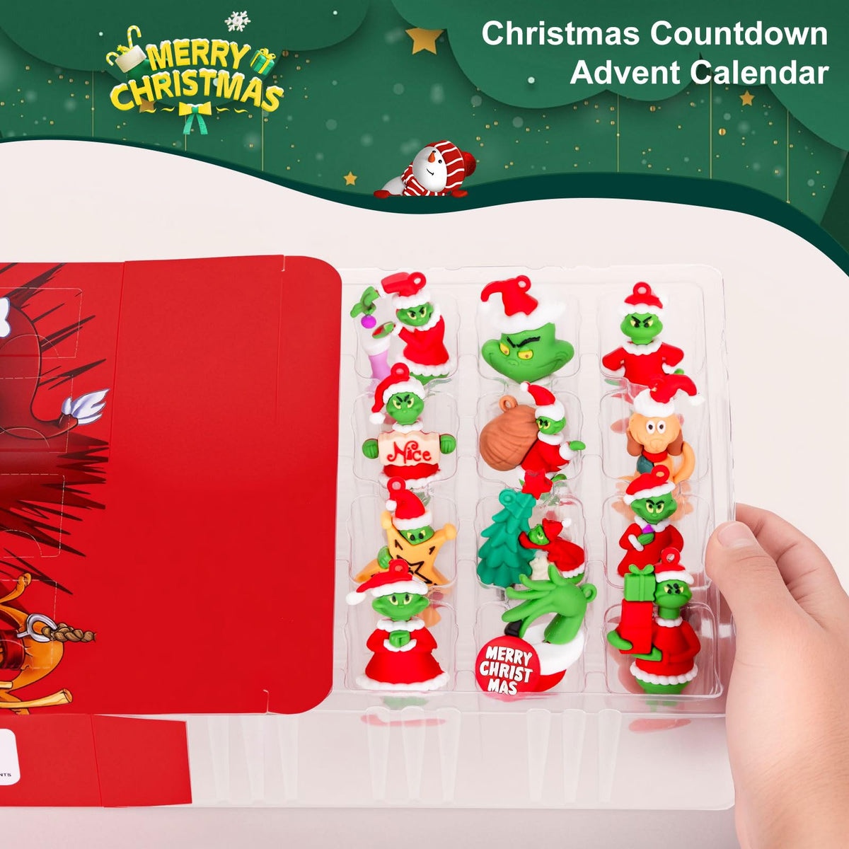 Countdown Gift Box with 24 Small Plastic Holiday Figures in a Red, Black or Blue Box