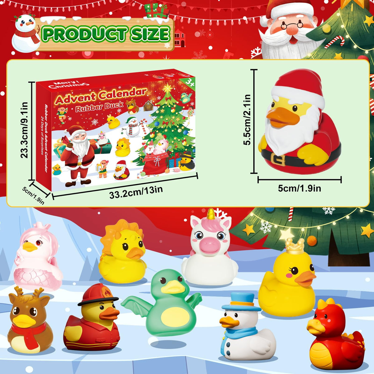 Bath Time Countdown Box with 24 Rubber Ducks in Holiday Costumes Including Santa, Snowman, Unicorn and Elf