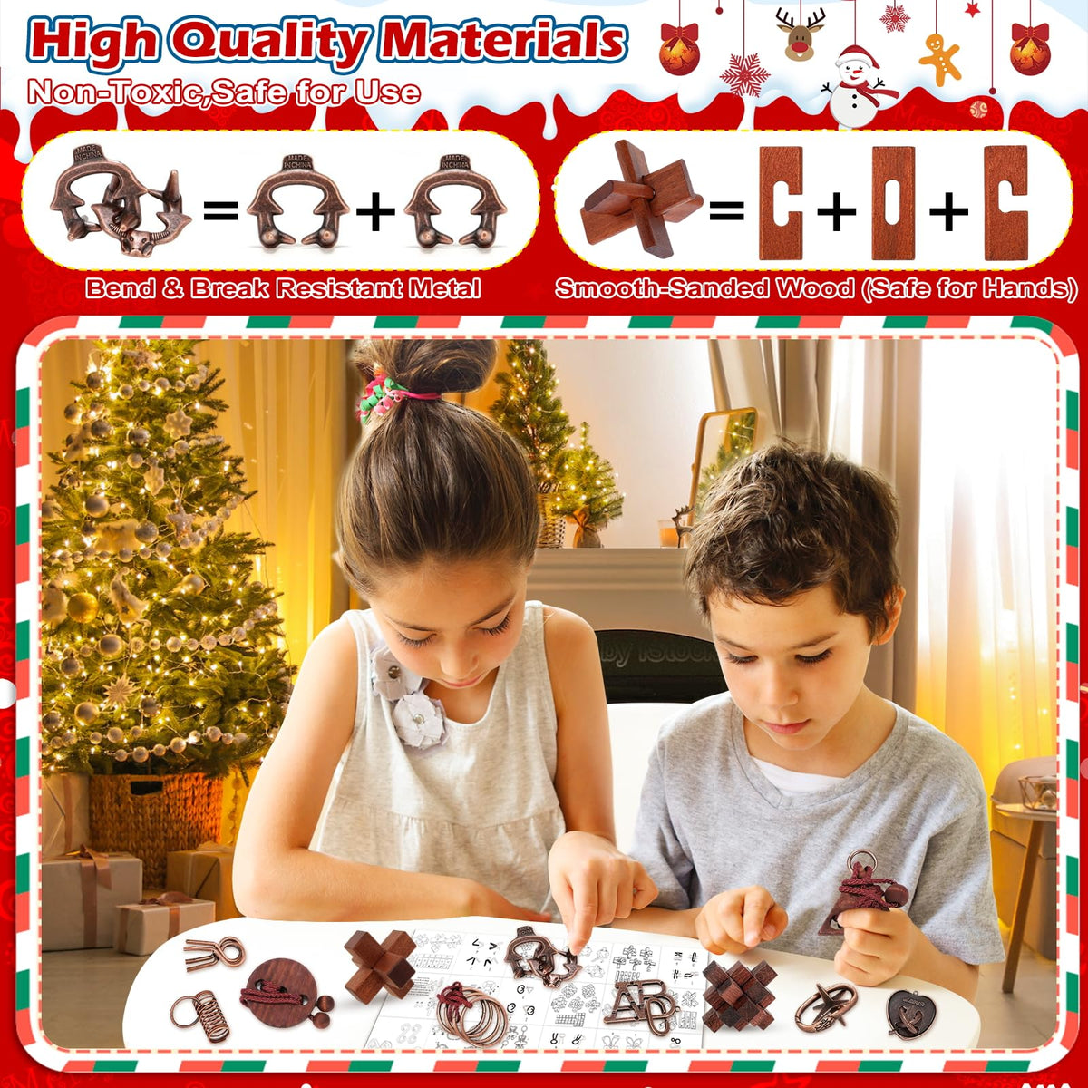 Countdown Gift Box with 24 Metal Ring and Wooden Puzzles That Teens and Adults Can Solve Day by Day
