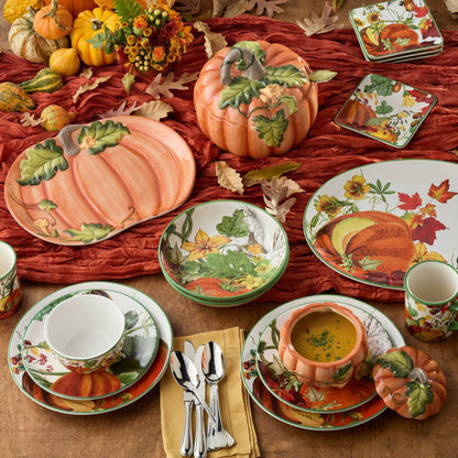 Thanksgiving Oval Platter with Pumpkin Floral Print and Glossy Glaze for Serving