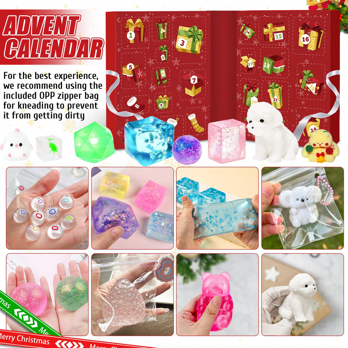 Santa Box Christmas Countdown with 24 Different Soft Squishy Toys That Opens to a Wide Display