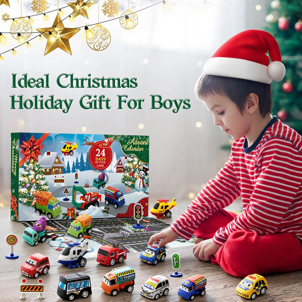 Window Countdown Box Packed with 21 Pull Back Cars, Trucks and Planes and 3 Sets of Road Signs