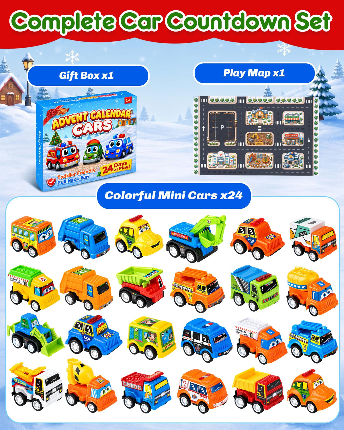 Countdown Gift Box with 24 Colorful Pull Back Cars and a Fold Out Play Map for Ages 3 and Over