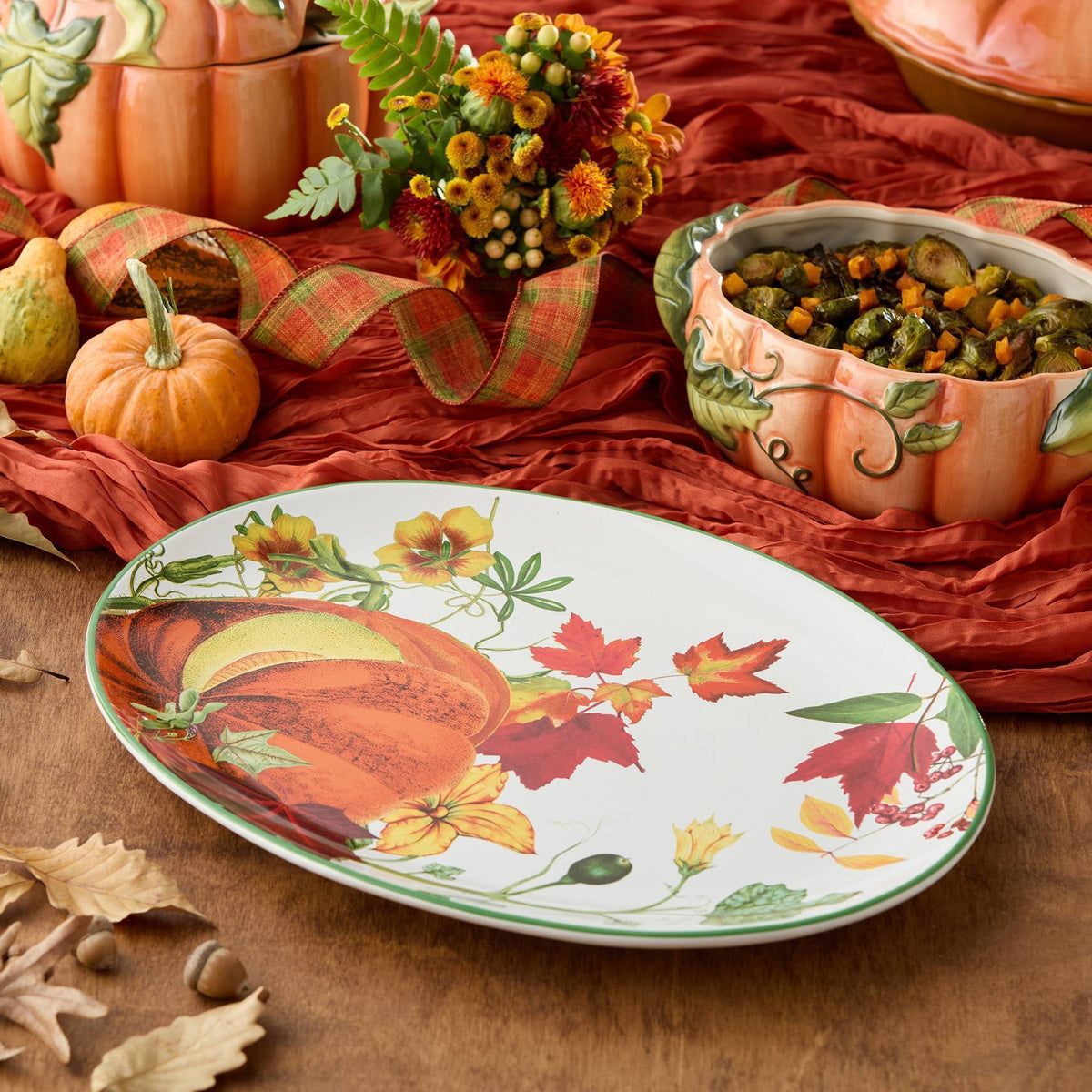 Thanksgiving Oval Platter with Pumpkin Floral Print and Glossy Glaze for Serving