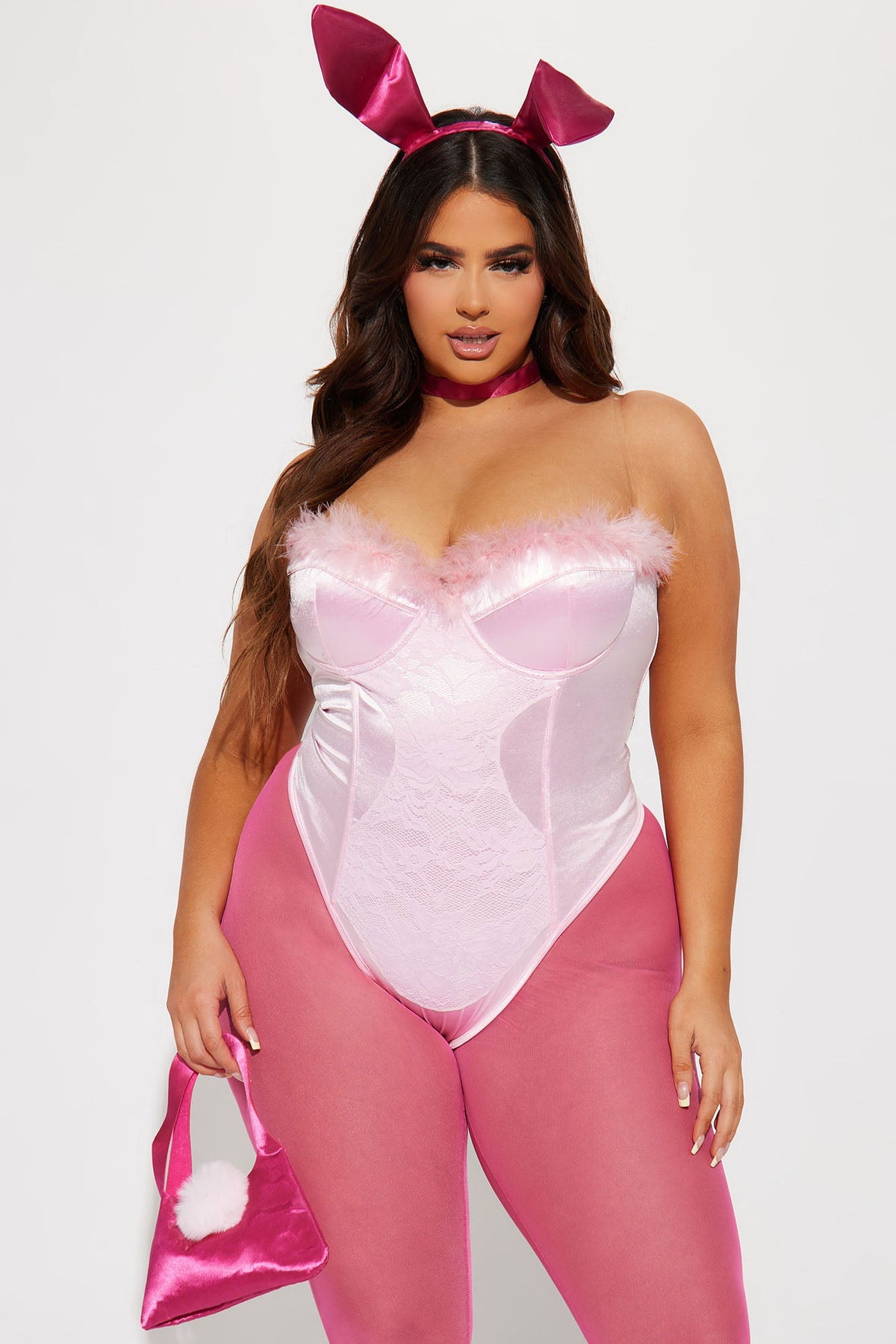 Pink Bunny Halloween Costume Set for Women with Faux Fur Trim Bodysuit Sheer Leggings and Ear Headband