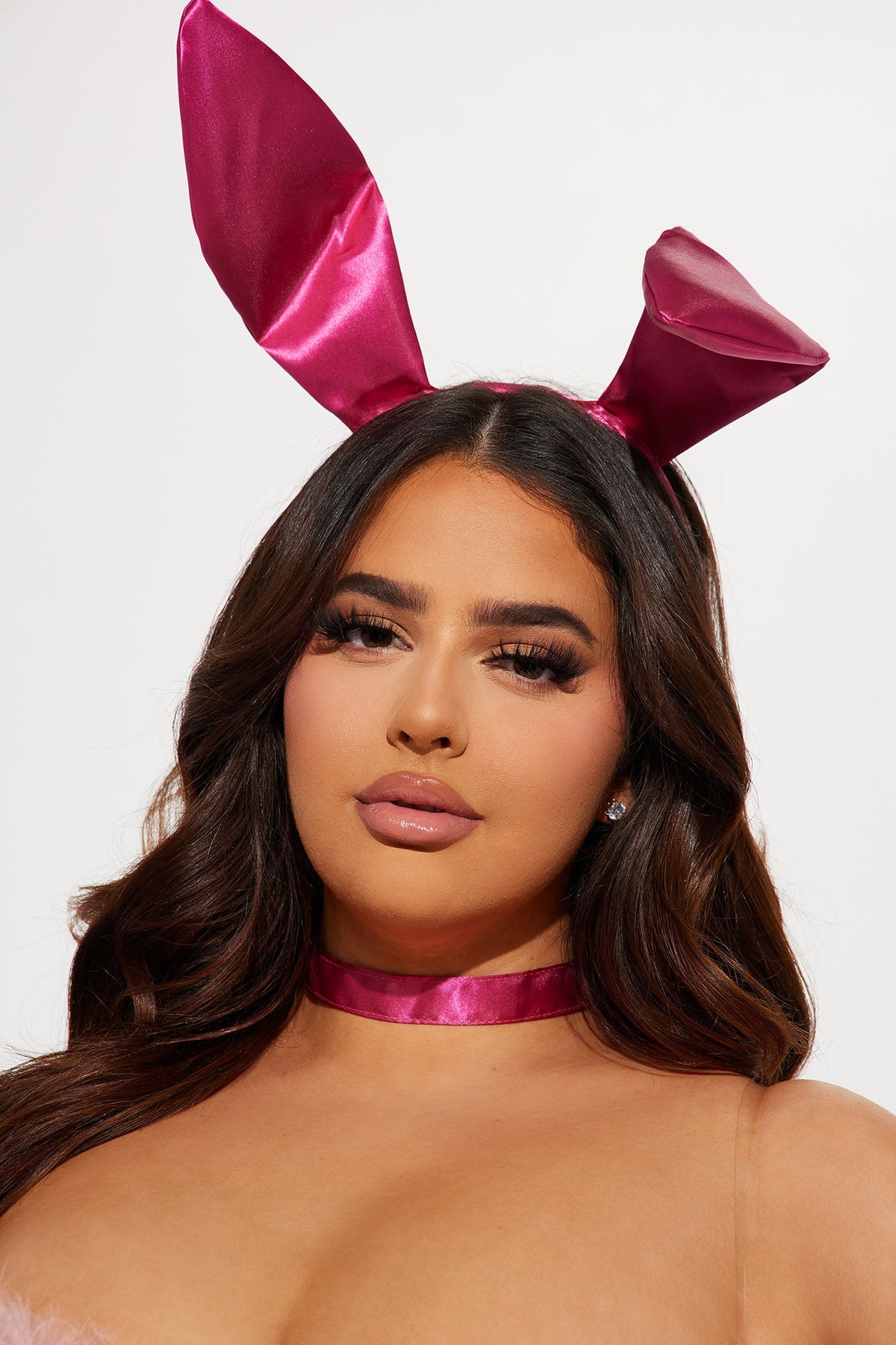 Pink Bunny Halloween Costume Set for Women with Faux Fur Trim Bodysuit Sheer Leggings and Ear Headband