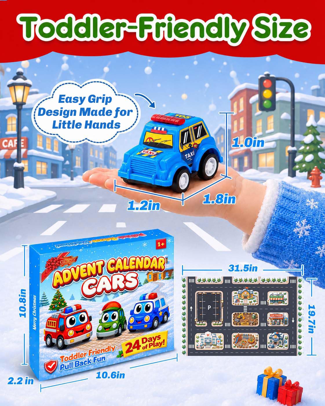 Countdown Gift Box with 24 Colorful Pull Back Cars and a Fold Out Play Map for Ages 3 and Over