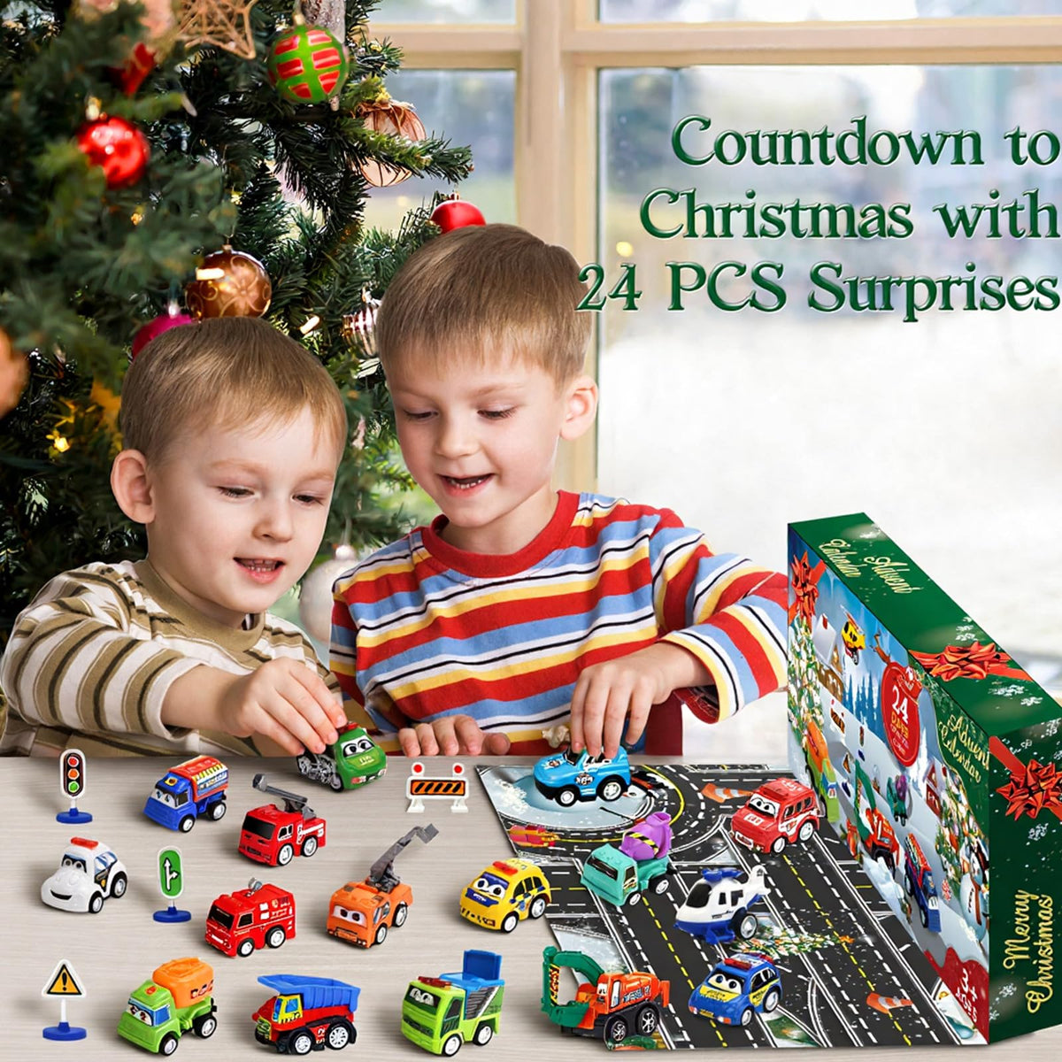 Window Countdown Box Packed with 21 Pull Back Cars, Trucks and Planes and 3 Sets of Road Signs