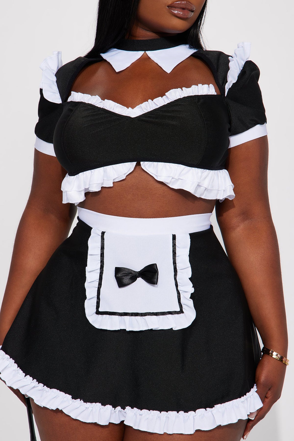 Maid Outfit Set in Black and White with Lace Trim Top, Apron Skirt, Headpiece, and Duster