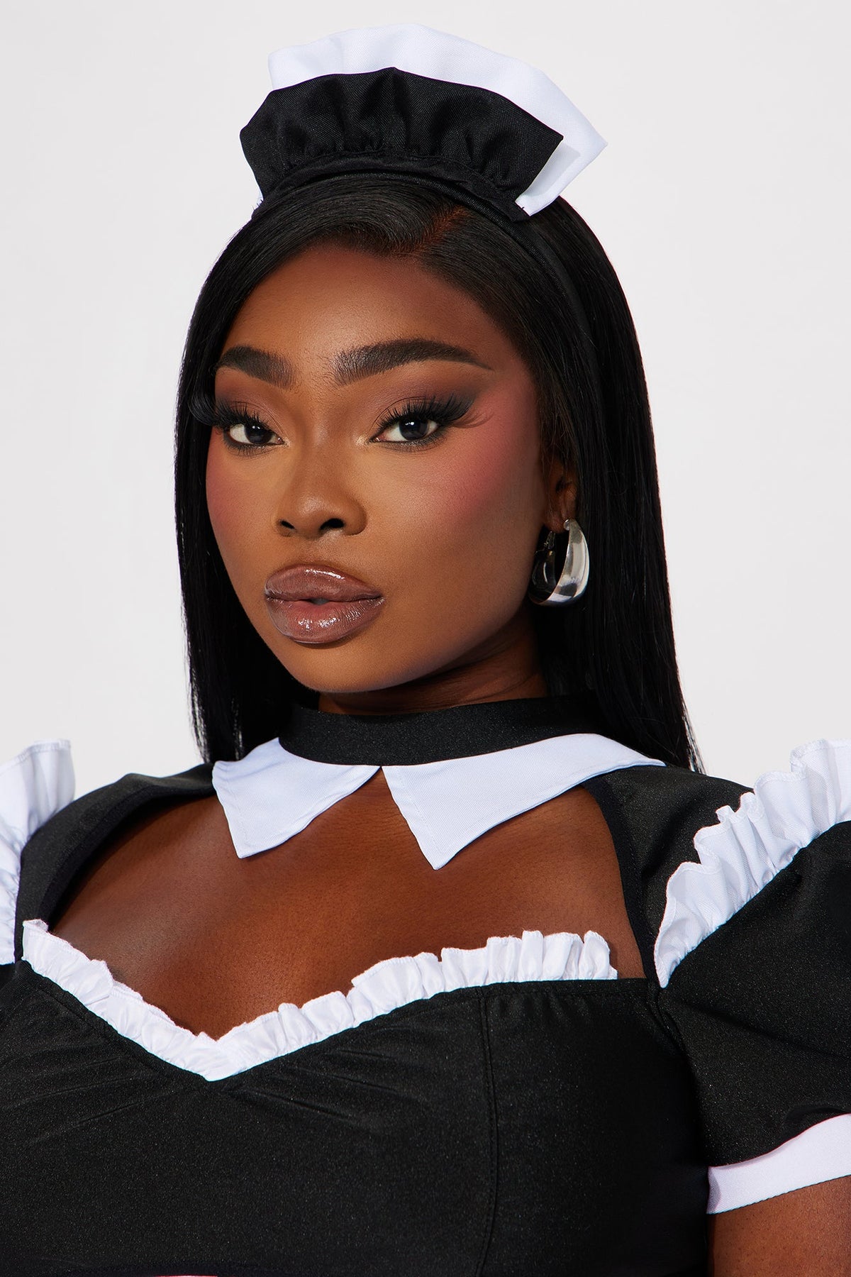 Maid Outfit Set in Black and White with Lace Trim Top, Apron Skirt, Headpiece, and Duster