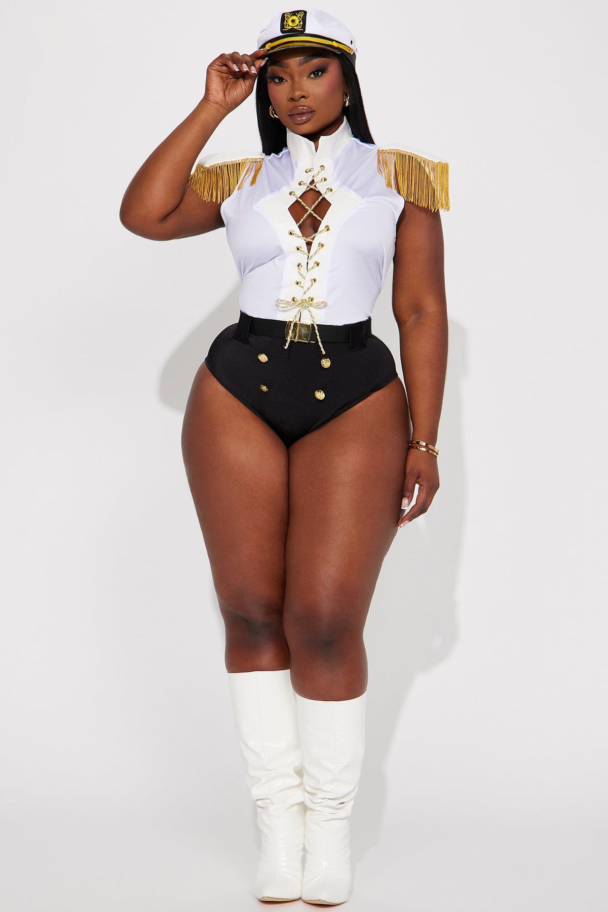 Nautical Captain Costume Set in White with Fringe Bodysuit, Lace Up Front, Belt, and Hat
