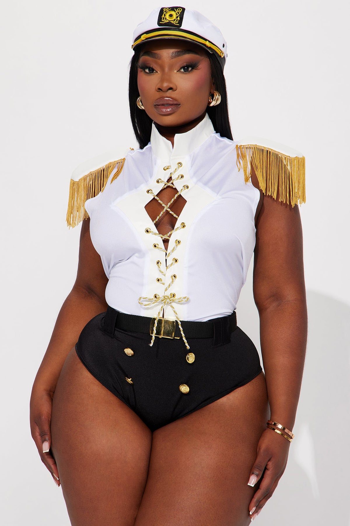 Nautical Captain Costume Set in White with Fringe Bodysuit, Lace Up Front, Belt, and Hat
