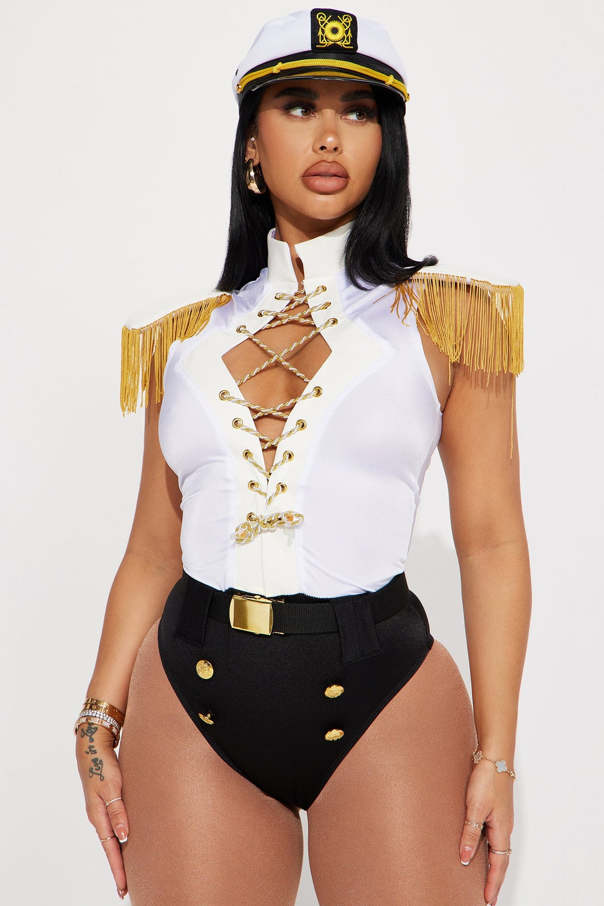 Nautical Captain Costume Set in White with Fringe Bodysuit, Lace Up Front, Belt, and Hat