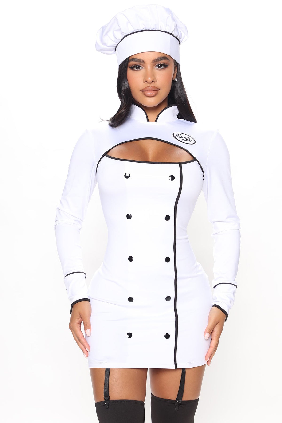 Chef Halloween Costume Set for Women with Long Sleeve Cutout Dress Hat and Leg Accessories in White Combo