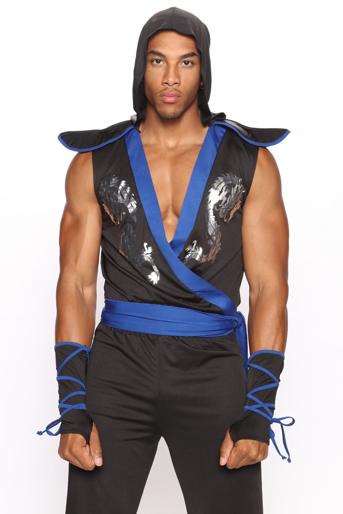Hooded Warrior Costume Set with Gauntlets and Sash for Men